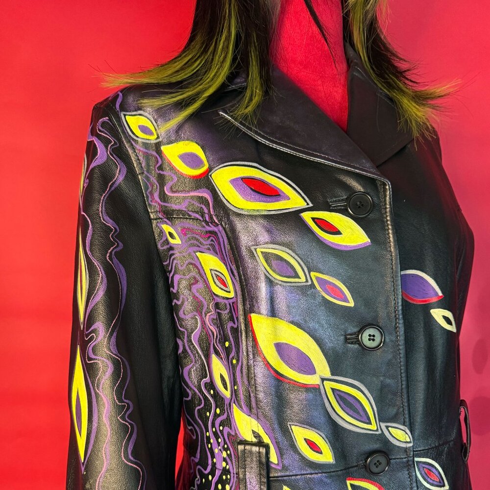 Upcycled Abstract Neon Leather Jacket – Hand-Painted Festival & Street Style